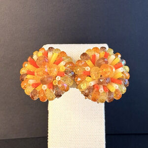 Vintage Vendome Orange Yellow Acrylic Round Adjustable Patented Clip On Earrings